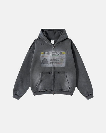 Graphic Ripped Washed Zip Up Hoodies