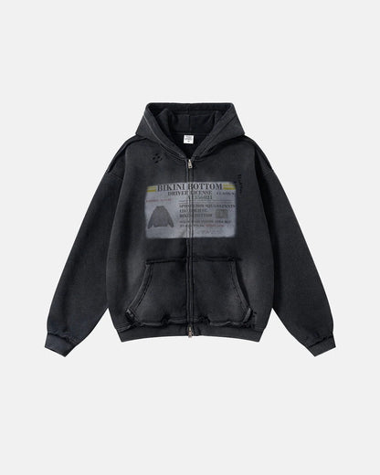 Graphic Ripped Washed Zip Up Hoodies