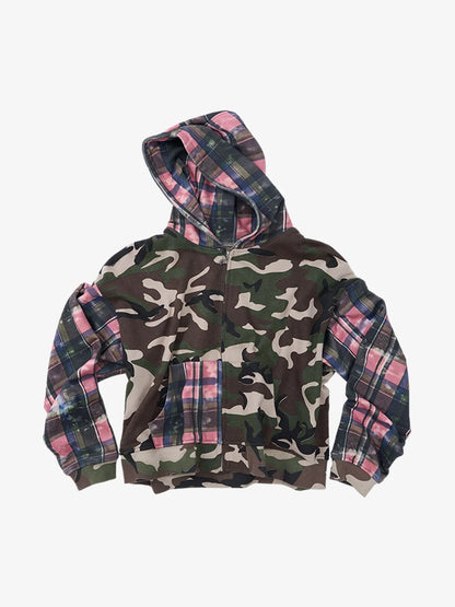Camo Plaid Patchwork Zip-Up Hoodie