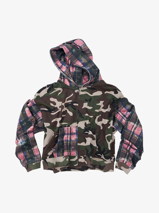 Camo Plaid Patchwork Zip-Up Hoodie
